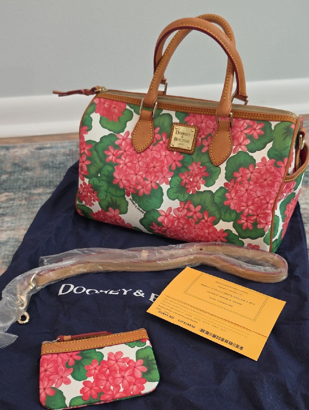 Vintage Like New! Dooney & Bourke Pink and Green Floral Satchel with Tan Trim